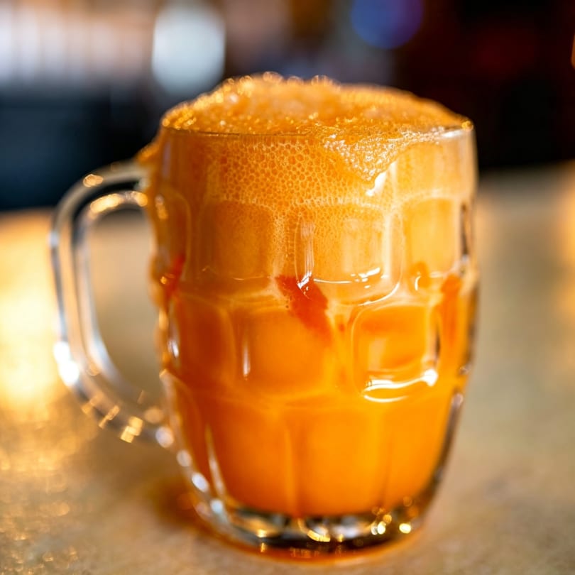 A foamy orange drink in a dimpled glass mug sits on a counter.