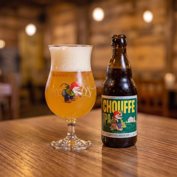 A Chouffe IPA beer bottle and a glass of Chouffe beer with foam on a wooden table.
